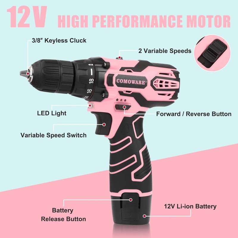 COMOWARE Pink Cordless Drill Set for Women, 12V Lightweight Electric Screwdriver with 3/8" Keyless Chuck, 1.5Ah Battery - Portable Power Drill Kit with Pink Tool Bag for Home DIY Projects - Image 2
